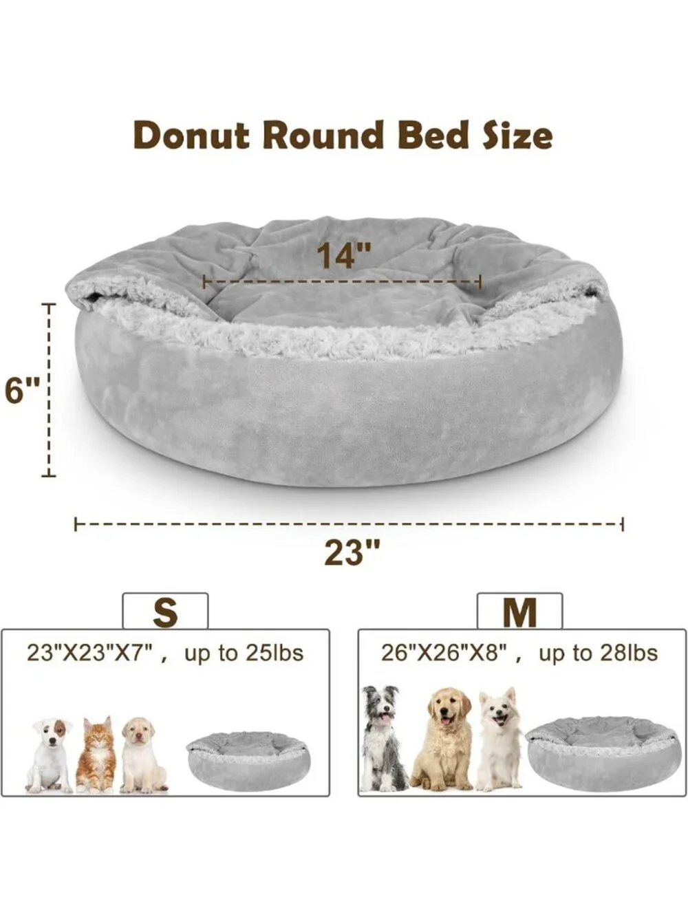 Cozy Round Dog & Cat Bed with Hooded Blanket, Anti-Anxiety Cuddler, 23